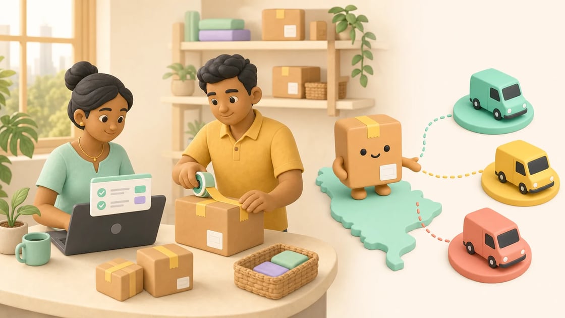 A Sri Lankan fulfilment team packing orders for local courier delivery
